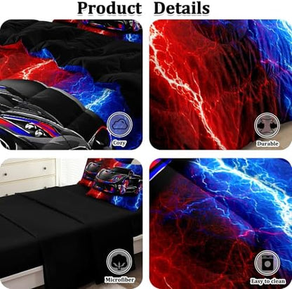 5 Pcs Twin Car Bedding Sets for Boys Teen, Red Blue Lightnings Car Twin Comforter Set for Boys, Twin Boy Bedding Set