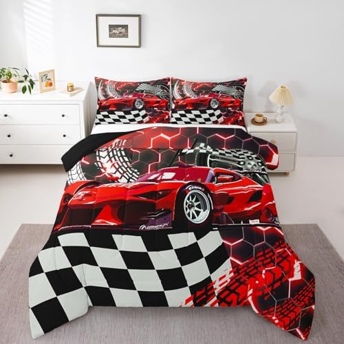 Toddler Race Car Bed for Boys,Red Neon Lights Honeycomb Toddler Bedding Sets for Boys Cool Sports Car Glitter Beehive Geometric Hexagon Comforter Set,Black White Grid Quilt Buffalo Plaid Decor