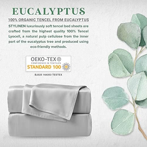 Stylinen 100% Organic Eucalyptus Bed Sheets King Size 4 Piece Set, Tencel Lyocell, Silky Soft & Smooth, Breathable, 16 Inch Deep Pockets, 1 Fitted, 1 Flat, 2 Pillowcases (King, Silver Pearl)