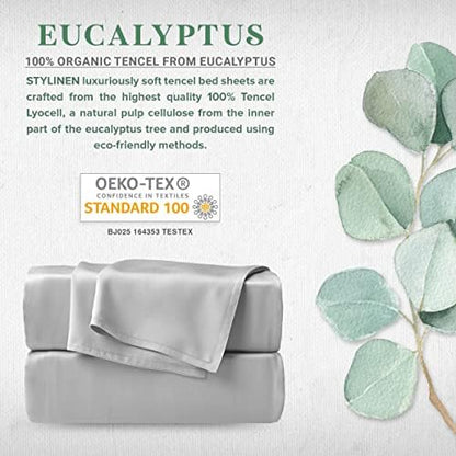 Stylinen 100% Organic Eucalyptus Bed Sheets King Size 4 Piece Set, Tencel Lyocell, Silky Soft & Smooth, Breathable, 16 Inch Deep Pockets, 1 Fitted, 1 Flat, 2 Pillowcases (King, Silver Pearl)