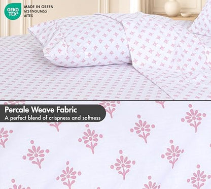 RUVANTI 100% Cotton Percale King Sheets, Percale Weave, Block Print Motif