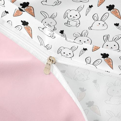 Kawaii Bedding Set, for Kids Girls Cute Cartoon Rabbit Bedding Set, Sketch Carrot Duvet Cover, Kawaii Room Decor, Pink Soft Reversible Comforter Cover Set, Lovely Animal Bedding Comforter, Full Size