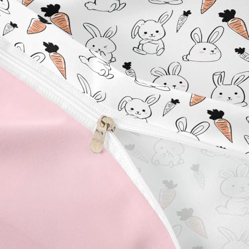 Kawaii Bedding Set, for Kids Girls Cute Cartoon Rabbit Bedding Set, Sketch Carrot Duvet Cover, Kawaii Room Decor, Pink Soft Reversible Comforter Cover Set, Lovely Animal Bedding Comforter, Twin Size