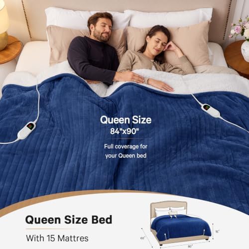 Heated Electric Blanket Queen Size Dual Control 84" x 90", Navy Blue