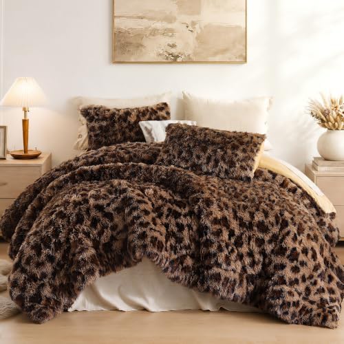 Smoofy Fluffy Queen Comforter Set Leopard Print Faux Fur Comforter Set 3Pcs