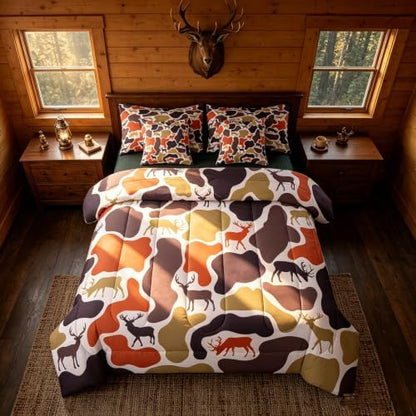 Erosebridal Camouflage Hunting Bed in A Bag 7 Pcs Hunter Deer Camo Comforter Set for Women Men Rustic Farmhouse Cabin Bedding Sets King Vintage Country Animal Sheet Set with Comforter