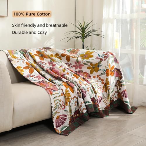 VANJOROY Boho Throw Blanket for Bed, 100% Cotton Muslin Soft Twin Throw-Floral Farmhouse Rustic Decor Blanket for Couch Sofa Quilt and Gift, 60" x 80"-BeigeWhite