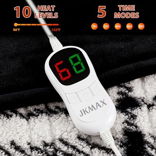 JKMAX Heated Electric Blanket Throw Size - 50"x60" Flannel Heating Blanket with 10 Heating Levels & 5 Time Settings Over-Heat Protection, Winter Warmer for Adults with ETL Certification（Black）