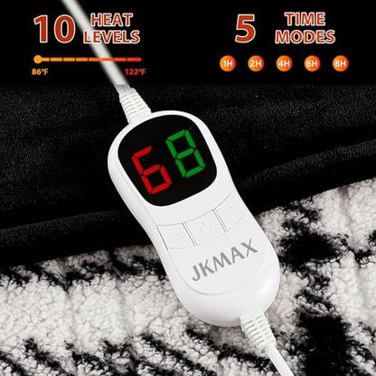 JKMAX Heated Electric Blanket Throw Size - 50"x60" Flannel Heating Blanket with 10 Heating Levels & 5 Time Settings Over-Heat Protection, Winter Warmer for Adults with ETL Certification（Black）