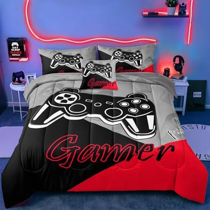 6 Pieces Gaming Bedding Set Queen Size for Boys Gamer Comforter Set for Boys Girls Kids Teens 6 Piece Bed in A Bag Video Game Bedding for Gamer Room Decorative Queen08