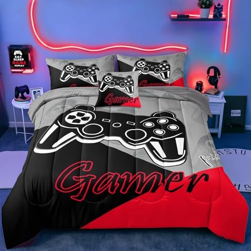 6 Pieces Gaming Bedding Set Full Size for Boys Gamer Comforter Set for Boys Girls Kids Teens 6 Piece Bed in A Bag Video Game Bedding for Gamer Room Decorative Full08