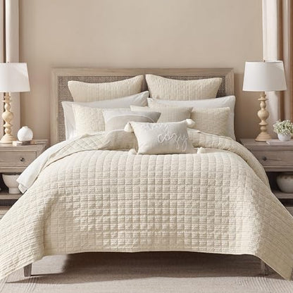 Levtex Home Cloud Waffle Twin XL/Twin Quilt Set (68x86in) with 1 Pillow Sham (26x20in) - Box Quilted Waffle Cotton Texture - Undyed Ivory - Cotton Twin Size Quilt Bedding Set - Lightweight Soft