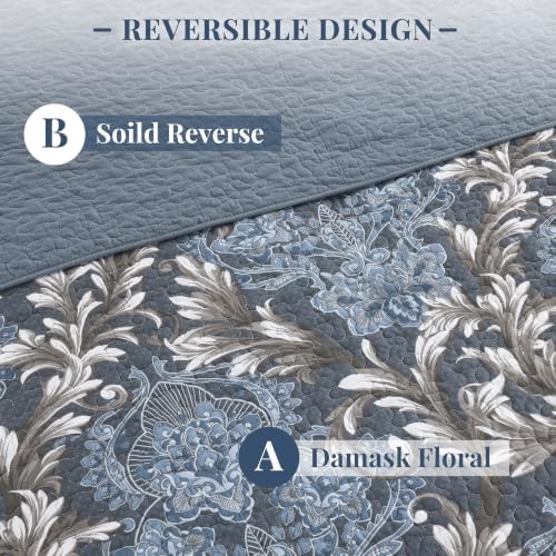100% Cotton Classic Damask Reversible Queen Size Quilt Set, Blue & White