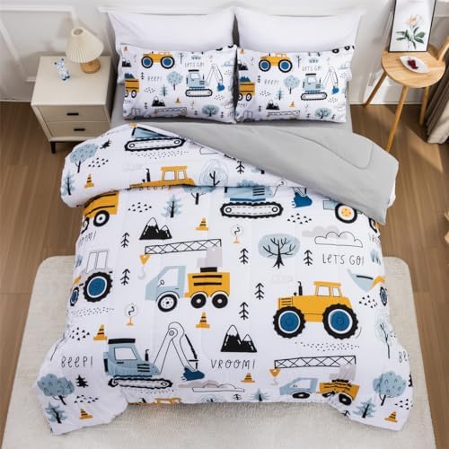 NTBED Construction Truck Full Comforter Set for Boys Kids Forest Vehicles Excavator Lightweight Microfiber Bedding Sets