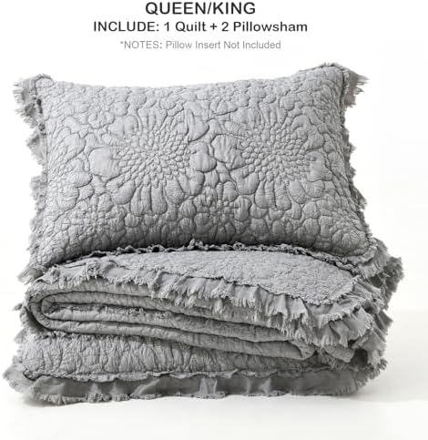 HORIMOTE HOME Dark Grey Ruffled Quilt Queen Size, Stone-Washed Microfiber Lightweight Crinkled Farmhouse Rustic Shabby Chic Bedding Set, 3 Pieces Reversible Bedspread with Pillow Shams for All Season