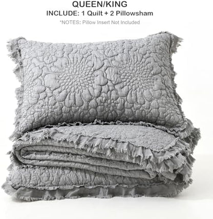 HORIMOTE HOME Dark Grey Ruffled Quilt King Size, Stone-Washed Microfiber Lightweight Crinkled Farmhouse Rustic Shabby Chic Bedding Set, 3 Pieces Reversible Bedspread with Pillow Shams for All Season