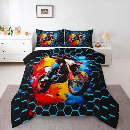 Feelyou Racing Motocross Rider Kids Bedding Set,Boys Girls King Size,Dirt Bike Comforter Set,Graffiti Honeycomb Print Ultra Soft Duvet Quilt,Extreme Sports Comforter Cool Modern Bedroom Decor