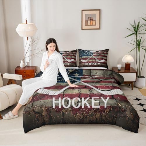 Erosebridal Ice Hockey Bedding Set Queen Size, American Flag Comforter Set for Kids Boys Teens, Hockey Sports Game Duvet Insert United States Federations Stars Stripes Retro Quilt with 2 Pillow Cases