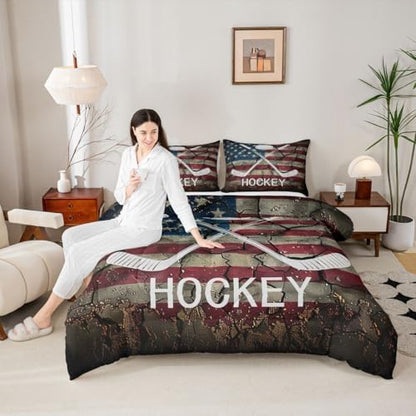 Erosebridal Ice Hockey Bedding Set Queen Size, American Flag Comforter Set for Kids Boys Teens, Hockey Sports Game Duvet Insert United States Federations Stars Stripes Retro Quilt with 2 Pillow Cases