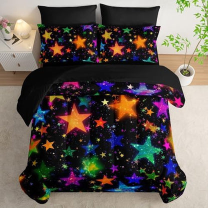 7Pcs Colorful Stars Comforter Set Starry Printed Bedding Set with 1 Comforter, 1 Flat Sheet, 1 Fitted Sheet and 4 Pillowcases for Boys and Girls Bedroom (Stars-2 Full