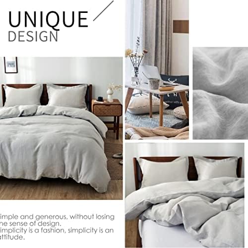Simple&Opulence 100% Linen Duvet Cover Set 3pcs Basic Style Natural French Washed Flax Solid Color Soft Breathable Farmhouse Bedding with Button Closure - Light Grey, Full