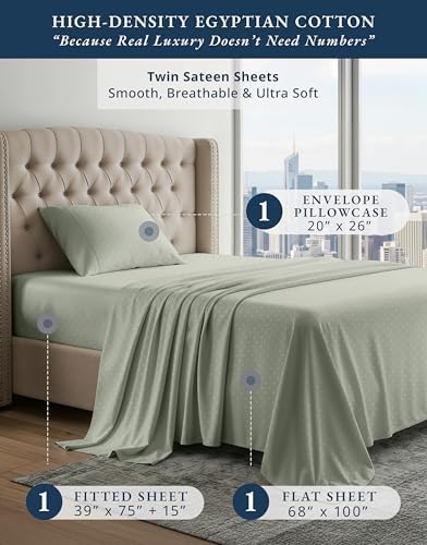 LANE LINEN Twin Bed Sheets 100% Egyptian Cotton Sateen - Mineral Swiss Dot