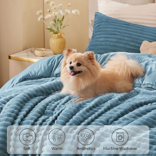 BEDELITE Fleece Queen Comforter Set, Fluffy Bed Set, Blue Fog