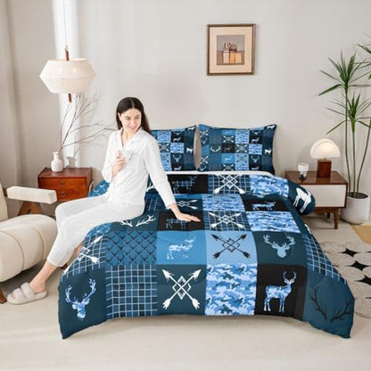 Feelyou Camo Deer Antlers Bedding Set Soft for Boys Girls, Animal Arrow Silhouette Comforter Set King Size Rustic Cabin Duvet Quilt Microfiber Lattice Bedroom Decor 3 Pcs with 2 Pillow Cases