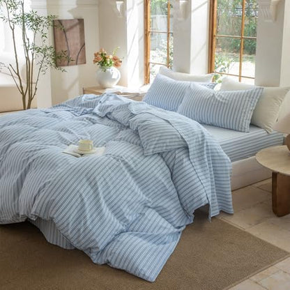 Striped Duvet Cover Set Full Size 3 Piece 100% Washed Cotton Linen Feel Bedding Comfy Breathable Modern Farmhouse (Full, Double Stripe-Light Blue/White)