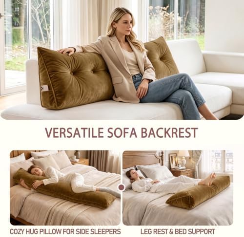 Wedge Headboard Pillow for Back Support, Removable Cover (Brown, Queen)