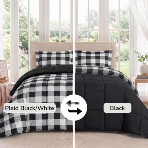 downluxe Twin Comforter Set Soft Reversible 2 Pieces, Plaid Black/White