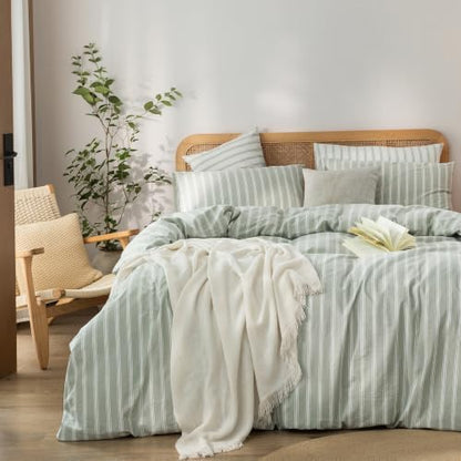 BESTOUCH Striped Cotton Duvet Cover Set Linen Feel California King