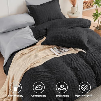HYMOKEGE Black/Light Grey Queen Comforter Set Seersucker 7 Pieces, All Season Luxury Bed in a Bag Queen for Bedroom, Bedding Set with Comforter, Sheets, Pillowcases & Shams