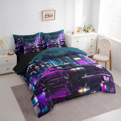 Neon Purple Car 7 Pieces Bedding Set Queen Size,Cool Race Car Bed in a Bag,Extreme Sports Gaming Bed Set Includes Comforter,Sheet Set,Pillowcases & Pillow Covers,City Night Scene Bedroom Decor