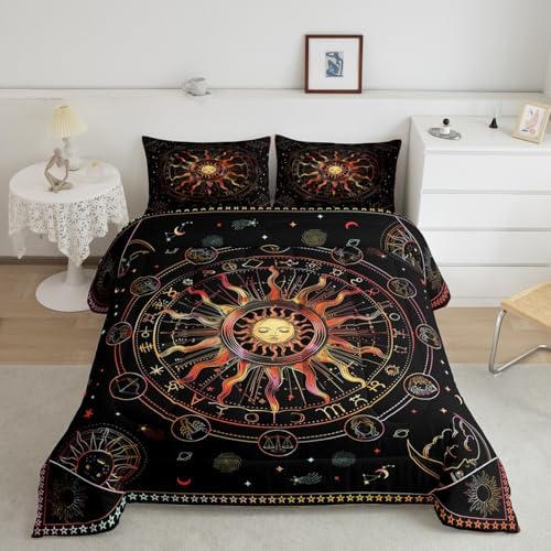 Manfei Sun and Moon Comforter Set Full Size, Zodiac Constellation Bedding Set 3pcs for Kids Boys Girls Room Decor, Hippie Boho Quilt Set with 2 Pillowcases