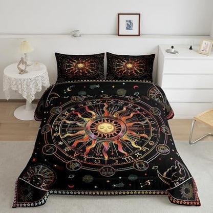 Manfei Sun and Moon Comforter Set Full Size, Zodiac Constellation Bedding Set 3pcs for Kids Boys Girls Room Decor, Hippie Boho Quilt Set with 2 Pillowcases