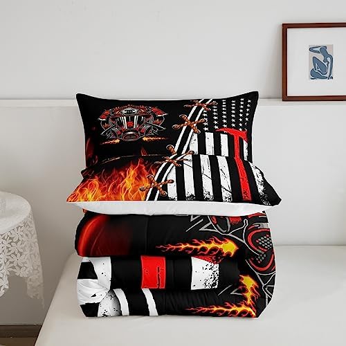 Castle Fairy Fireman Comforter for Boys Kids,Retro American Flag Comforter Set Queen Size Home Decor,Soft Red and Black Bedding Set,Flame Teens Bedroom Down Duvet,1 Comforter with 2 Pillowcases