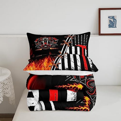 Castle Fairy Fireman Comforter for Boys Kids,Retro American Flag Comforter Set Queen Size Home Decor,Soft Red and Black Bedding Set,Flame Teens Bedroom Down Duvet,1 Comforter with 2 Pillowcases