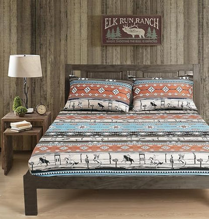 Chezmoi Collection 4-Piece Southwestern Cowboy Rodeo Sheet Set Queen Size - Multicolor Blue Brown Beige Clay Printed Brushed Microfiber Lightweight Breathable Deep Pocket Bed Sheets