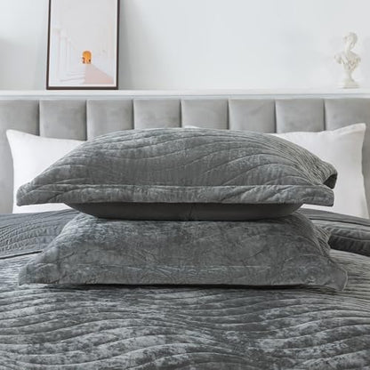 HoneiLife Velvet Quilt Sets King - Lightweight Bedspreads 3-Pieces, Stripe Coverlets Rustic Bed Cover King Quilt Bedding Sets for All Season Use, Grey