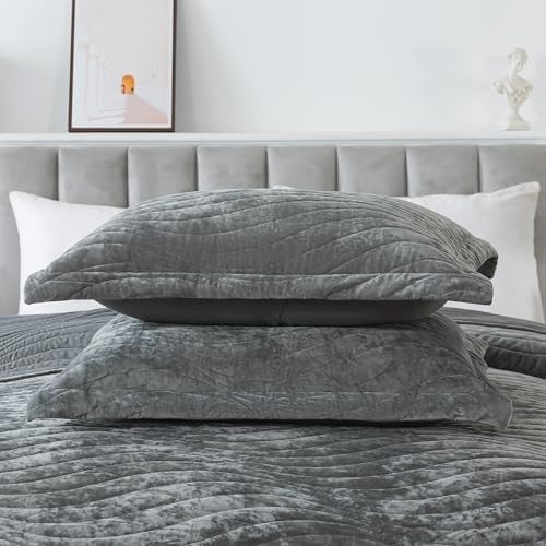 HoneiLife Velvet Quilt Sets Queen - Lightweight Bedspreads 3-Pieces, Wavy Coverlets Rustic Bed Cover Queen Quilt Bedding Sets for All Season Use, Grey