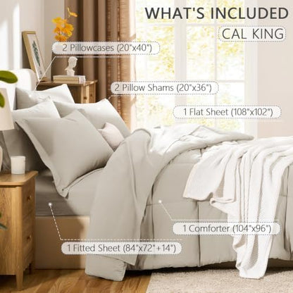 CozyLux California King Comforter Set, 7-Piece Bed in a Bag, Beige