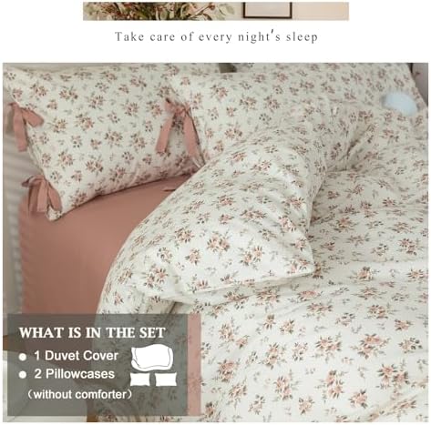 VM VOUGEMARKET Peach Flower Bedding Set King Chic Girls Floral Duvet Cover with Zipper Closure 100% Cotton Blush Pink Comforter Cover Set(3 pcs,104x90)