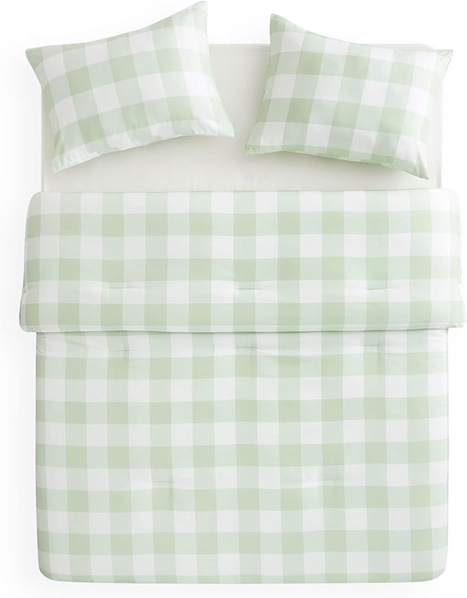 Wake In Cloud - Gingham Comforter Set, Plaid Buffalo Check Checkered Cottagecore Cute Geometric, Soft Lightweight Bedding, 3 Pieces, Sage Green, Queen Size