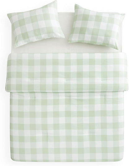 Wake In Cloud - Gingham Comforter Set, Plaid Buffalo Check Checkered Cottagecore Cute Geometric, Soft Lightweight Bedding, 3 Pieces, Sage Green, Twin/Twin XL Size