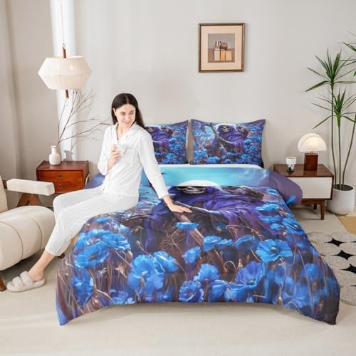 Skeleton Kids Comforter Set Queen Size,Skull Blue Poppy Flowers Moon Trippy Bedding Set,Girls Boys Room Decor,Happy Halloween Vintage Quilt Comforter,Gothic Romantic Duvet Insert,2 Pillowcases