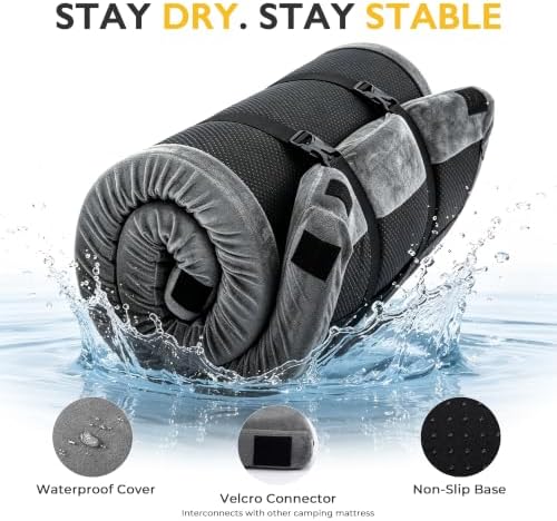 Kingfun 3 Inch CertiPUR-US Memory Foam Camping Mattress Pad, Waterproof Roll up Sleeping Pad, Thick Floor Sleeping Mats for Tent with Removable Travel Bag