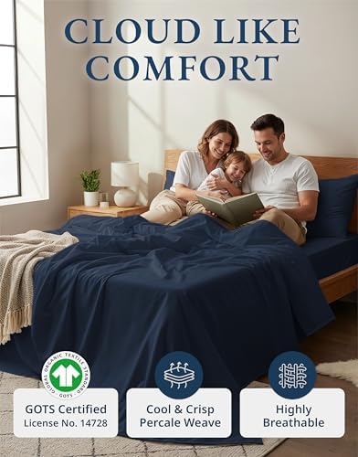 LANE LINEN California King Sheets 100% Organic Cotton 4pc Percale - Navy