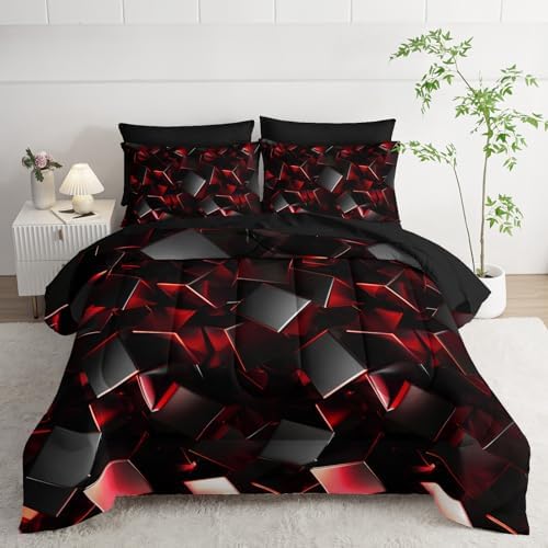 Nttopship Red and Black Geometric Comforter Set Full Size 7PCS,Abstract Triangular Printed Bedding Set for Adults,Geometric Mordern Art Decor All Seasons with Pillowcases,Flat, Fitted Sheet