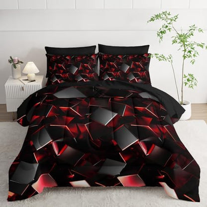 Nttopship Red and Black Geometric Comforter Set Full Size 7PCS,Abstract Triangular Printed Bedding Set for Adults,Geometric Mordern Art Decor All Seasons with Pillowcases,Flat, Fitted Sheet
